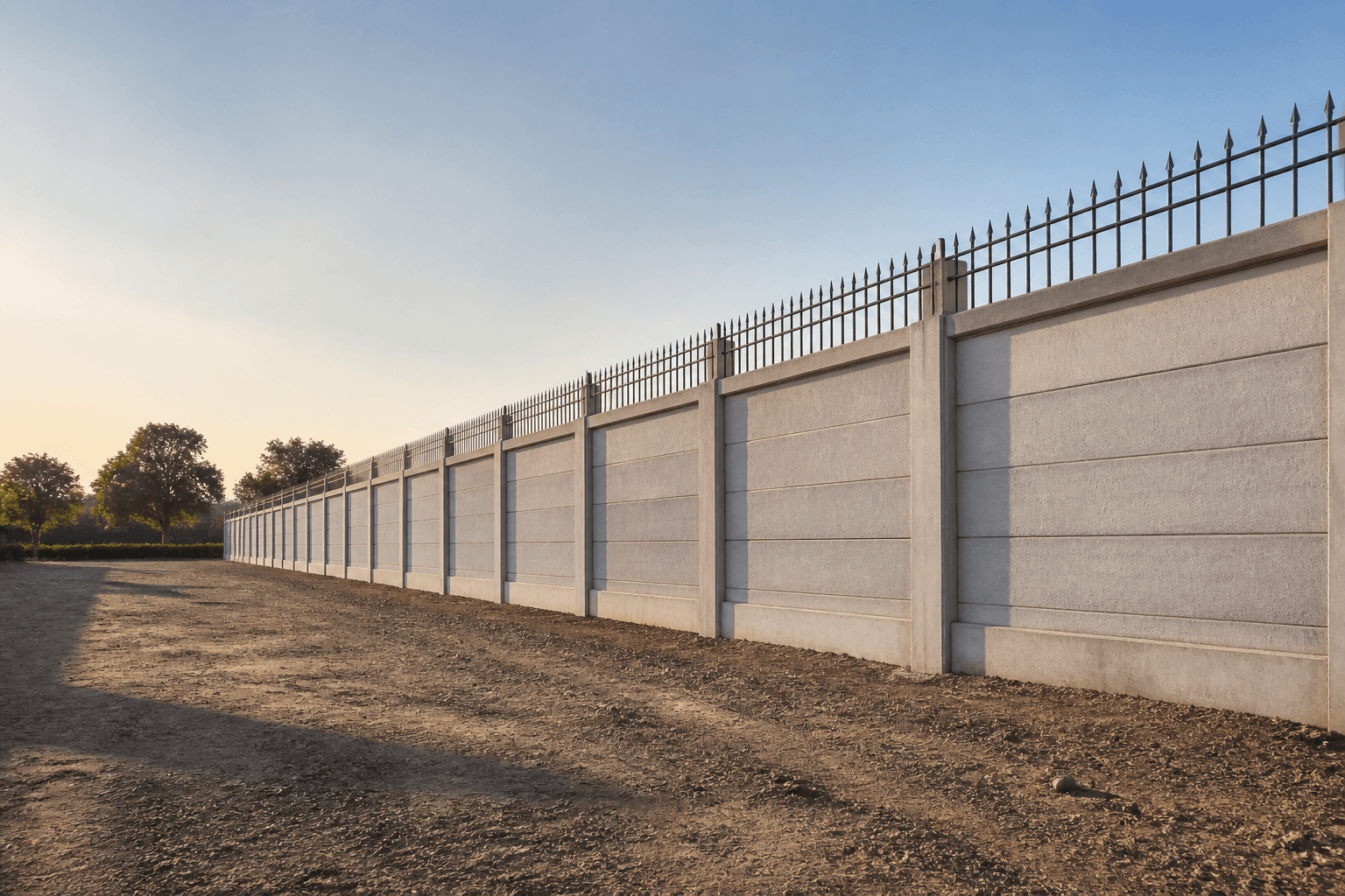 Long precast RCC boundary wall with protective fencing