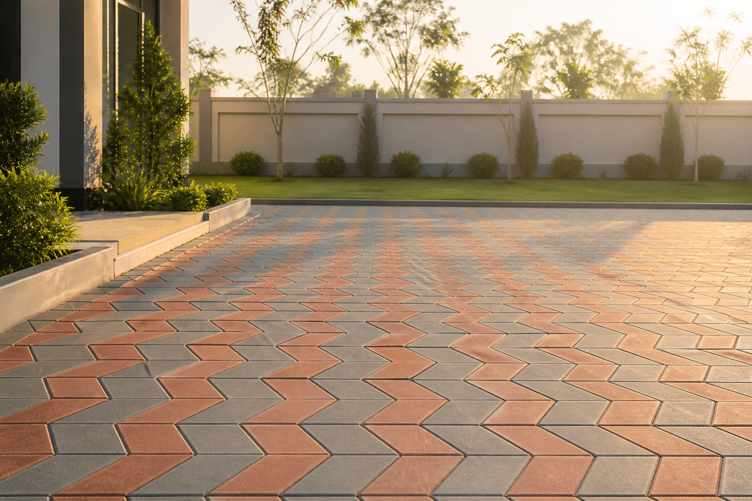 Interlocking concrete paver block driveway in a finished residential site
